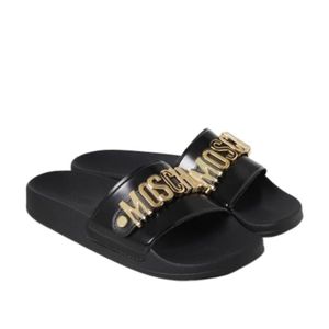 Moschino Black Logo-Plaque Slip-On Slides