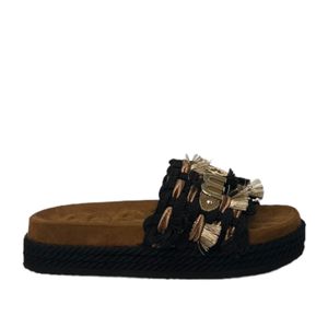 Mou Black Monoband Rope Fringed Sandals