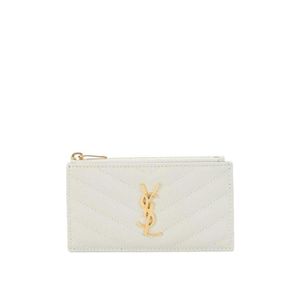 Saint Laurent White Monogram Fragments Zippered Card Case