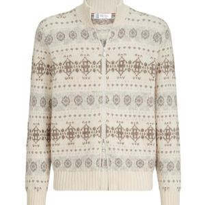 Brunello Cucinelli White Cashmere Jacquard High-Neck Cardigan With Zipper for men