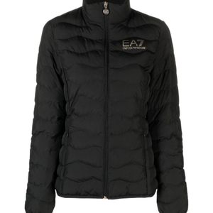 EA7 Black Logo-Printed Zipped Padded Jacket