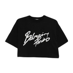Balmain Black Graphic Printed Cropped T-Shirt