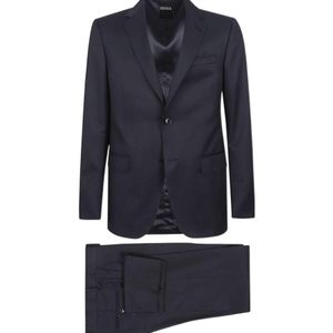 Zegna Blue Long-Sleeved Suit Jacket And Belt Loop Casual Pants Suit for men