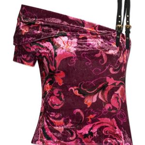 Versace Jeans Red Couture Barocco Printed Off-Shoulder Velvet Top