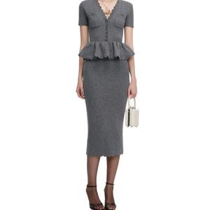 Self-Portrait Grey V-Neck Knit Midi Dress