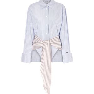 The Attico Blue Belted Striped Cotton-Poplin Mini Dress