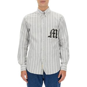 MSGM Grey Logo Patch Striped Buttoned Shirt for men