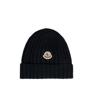 Moncler Blue Ribbed Logo-Patch Beanie