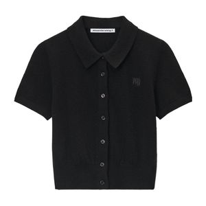 T By Alexander Wang Black Logo Embroidered Cropped Polo Shirt