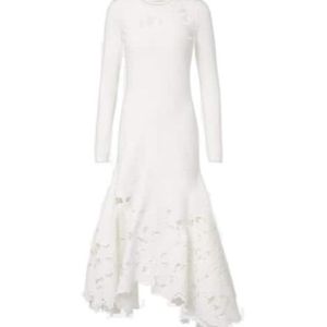 Oscar de la Renta White Lace-Trimmed Asymmetric Midi Dress