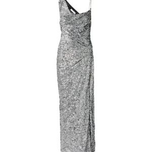 Area Grey One-Shoulder Sequined Gown