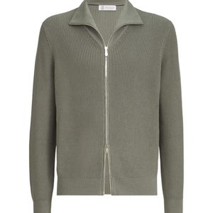 Brunello Cucinelli Green Cotton Half English Rib Cardigan With Zipper for men