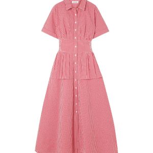 Rosie Assoulin Pink Gingham Cotton-Seersucker Maxi Shirt Dress