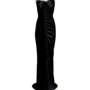 Alessandra Rich Black Bow-Decorated Pleated Silk-Trimmed Velvet Dress