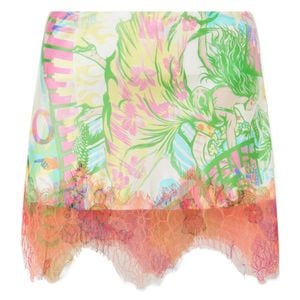 Donde Esteban Green Lace-Trimmed Printed Satin Mini Skirt