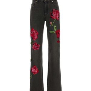 Blumarine Red Sequin Floral Straight-Leg Jeans