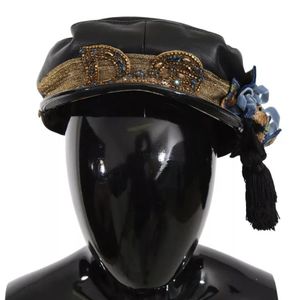 Dolce & Gabbana Black Leather Crystal Beads Gold Ribbon Fiddler Cap