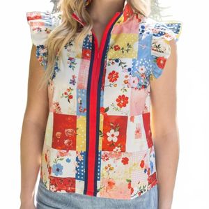 Voya Red Patchwork Flutter Top