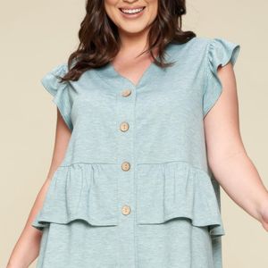 TRUEDAMES Blue Plus Size Solid Button Flutter Sleeve Top