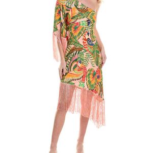 Farm Rio Pink Macaw Leaves One-Shoulder Midi Dress