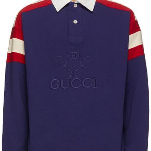 メンズ Gucci テニスロゴ ロングスリーブ コットンポロシャツ ブルー
