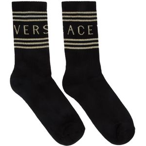 メンズ Versace ブラック And ゴールド ロゴ ソックス