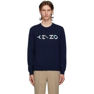 メンズ KENZO ネイビー ウール ロゴ セーター ブルー