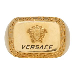 メンズ Versace ゴールド スクエア メドゥーサ リング メタリック