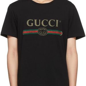 メンズ Gucci ロゴ ウォッシュドオーバーサイズ Tシャツ, ブラック, ウェア