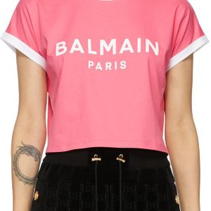 Balmain ピンク & ホワイト クロップ ロゴ T シャツ