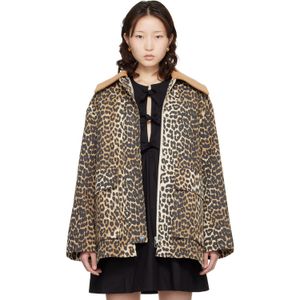 Ganni Brown Leopard Printed Canvas Midi Jacket