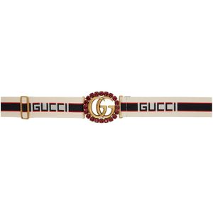 Gucci オフホワイト クリスタル GG エラスティック ベルト