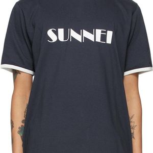 メンズ Sunnei ブルー & ホワイト ロゴ T シャツ