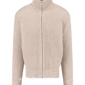 MM6 by Maison Margiela White Ribbed High-Neck Knit Sweater With Distressed Details for men