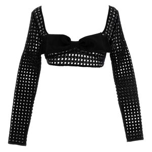Giambattista Valli Black Cropped Macramé Bow Top