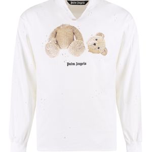 Palm Angels White Bear-Print Distressed-Effect T-Shirt for men