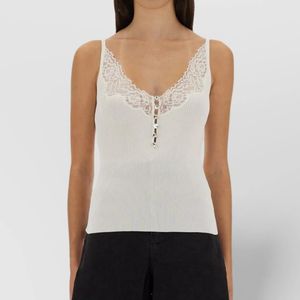 Self-Portrait White Ribbed Lace-Trim V-Neck Slim-Fit Tank Top