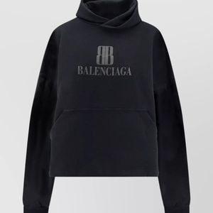 Balenciaga Blue Cotton Cropped Logo Print Hoodie