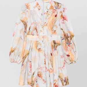 Zimmermann White Linen Ascension Printed V-Neck Long-Sleeve Mini Dress