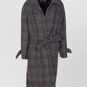 Balenciaga Gray Wool Checked Belted Single Breasted Coat