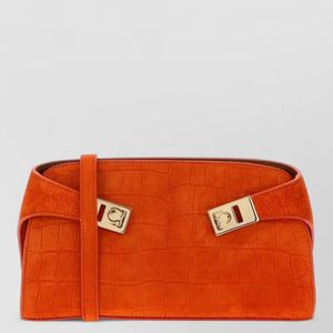 Ferragamo Orange Suede Hug Clutch Crocodile Texture Top Handle