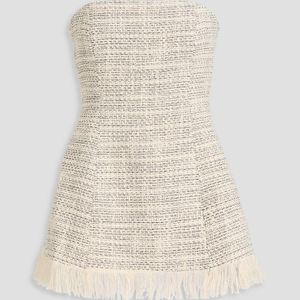 Staud Natural Silvia Strapless Frayed Cotton-Tweed Top
