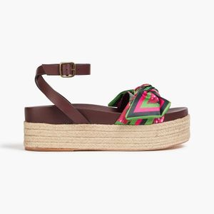 Farm Rio Green Printed Satin And Leather Espadrille Platform Sandals