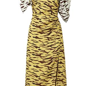 Rejina Pyo Metallic Amelia Gathered Tiger-print Satin-twill Midi Dress