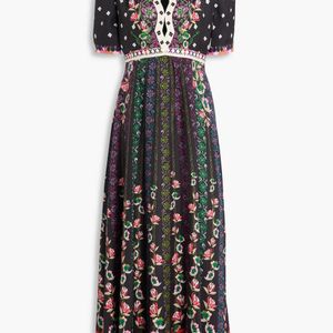 Saloni Black Tabitha Printed Silk-Satin Jacquard Midi Dress