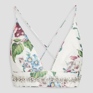 Zimmermann Blue Crystal-embellished Floral-print Linen And Silk-blend Bra Top