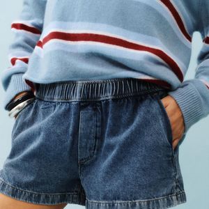 Reformation Blue Theo Low Rise 2.5 Pull On Denim Shorts