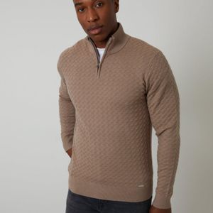 Threadbare Brown Textured Cable Knit Quarter Zip Jumper for men