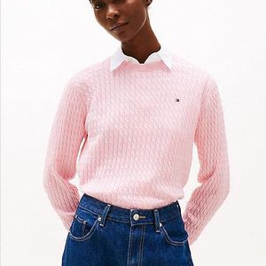 Tommy Hilfiger Pink Fine Cable Knit Crew Neck Jumper
