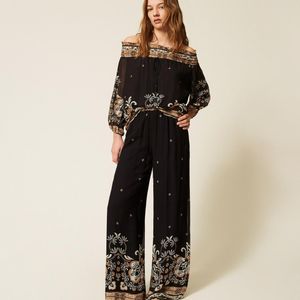 Twinset Black Georgette Wide Printed Trousers